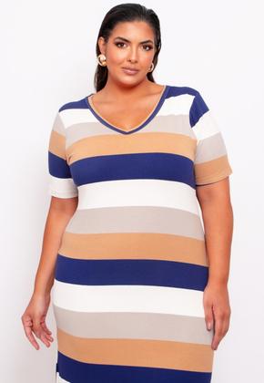 Imagem de Vestido Feminino Plus Size Em Malha Listrada Com Fenda