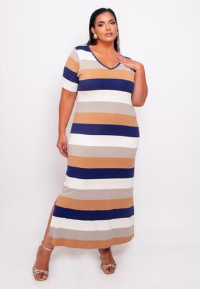 Imagem de Vestido Feminino Plus Size Em Malha Listrada Com Fenda