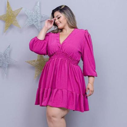 Imagem de Vestido Feminino Plus Size Rodado Manga Longa Decote V 0277