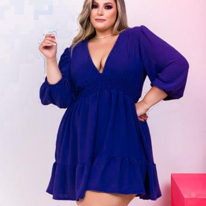 Imagem de Vestido Feminino Plus Size Rodado Manga Longa Decote V 0277