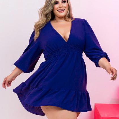 Imagem de Vestido Feminino Plus Size Rodado Manga Longa Decote V 0277