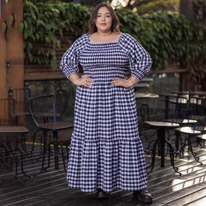 Imagem de Vestido Feminino Plus Size Xadrez Longo Ombro A Ombro Babado Lastex Rodado Multiuso Tamanho Grande