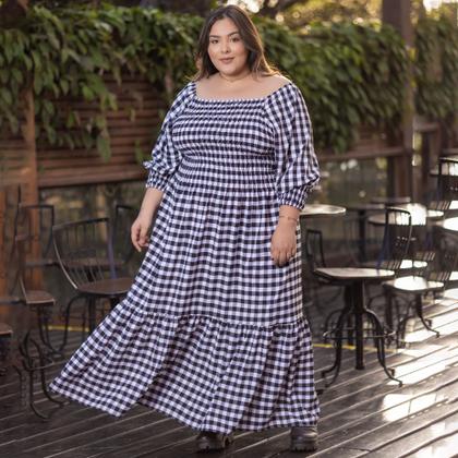 Imagem de Vestido Feminino Plus Size Xadrez Longo Ombro A Ombro Babado Lastex Rodado Multiuso Tamanho Grande