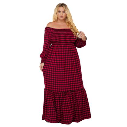 Imagem de Vestido Feminino Plus Size Xadrez Longo Ombro A Ombro Babado Lastex Rodado Multiuso Tamanho Grande
