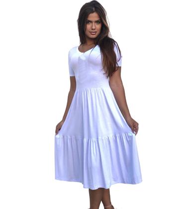 Imagem de Vestido Feminino Saia 3 Marias Midi Soltinho Decote V Manga Curta Casual Gola Redonda