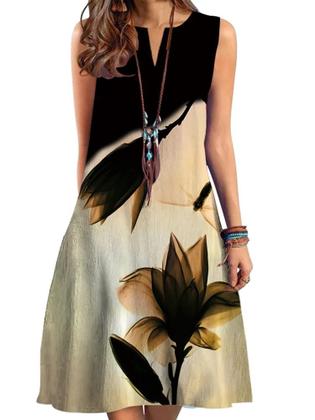 Imagem de Vestido Feminino Sem Mangas Com Decote Em V Estampado Comprimento Médio Sexy Com Barra Larga Estilo