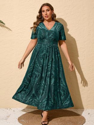 Imagem de Vestido feminino Simplee com decote em V plus size de veludo para casamento 1GG