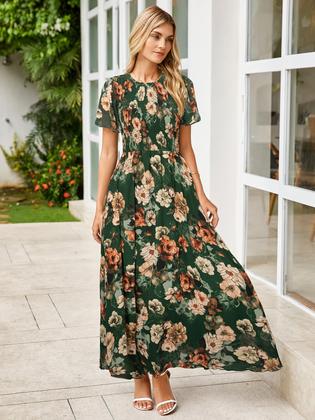 Imagem de Vestido feminino simples, floral de primavera, maxi verde, chiffon S