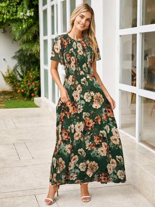 Imagem de Vestido feminino simples, floral de primavera, maxi verde, chiffon S