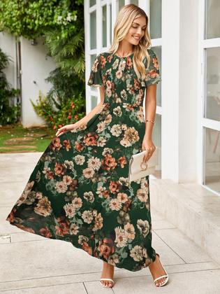 Imagem de Vestido feminino simples, floral de primavera, maxi verde, chiffon S