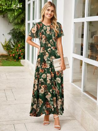 Imagem de Vestido feminino simples, floral de primavera, maxi verde, chiffon S