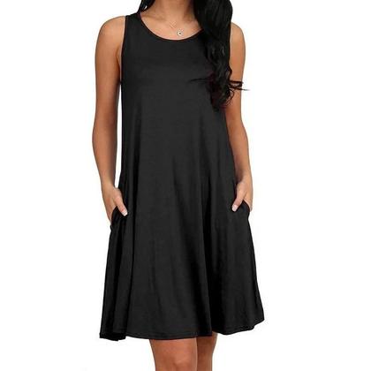 Imagem de Vestido feminino verão casual camiseta vestidos praia cobrir simples plissado tanque bolsos vestido
