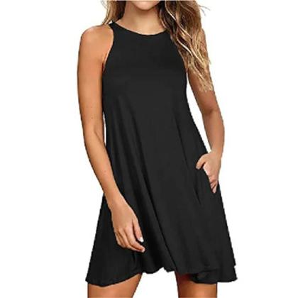 Imagem de Vestido feminino verão casual camiseta vestidos praia cobrir simples plissado tanque bolsos vestido