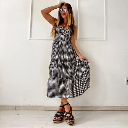 Imagem de Vestido Feminino Xadrez Alça Elastex Com Bojo Midi / Vestido com Bojo 3 marias Babados Alcinha 2773