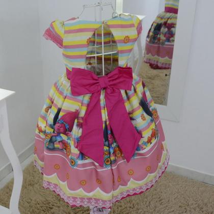 Imagem de Vestido festa infantil dos trolls com laço superluxo