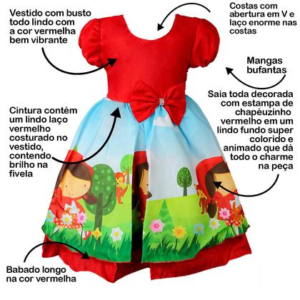 Imagem de Vestido Festa Infantil Feminino Fantasia Chapeuzinho Vermelho Com Tiara