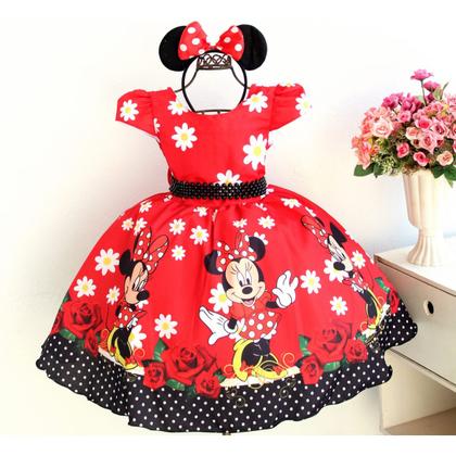 Imagem de Vestido Festa Infantil Minnie Vermelha Flor E Tiara Orelha