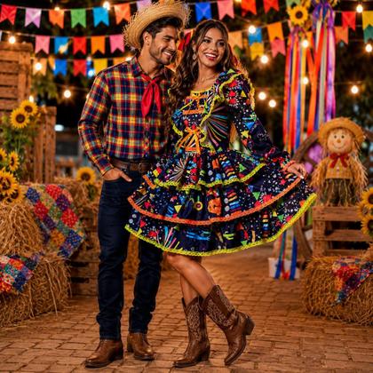 Imagem de Vestido Festa Junina Adulta Moderno Manga Longa pra Quadrilha