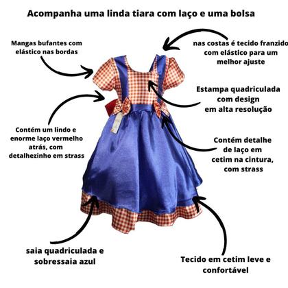 Imagem de Vestido Festa Junina Feminina Infantil Com Tiara e Bolsinha