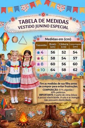 Imagem de Vestido Festa Junina Infantil Flores Luxo Xadrez Poá Com Renda