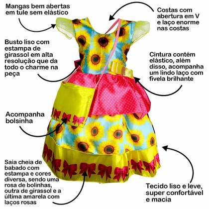 Imagem de Vestido Festa Junina Infantil Menina Girassol Com Bolsa + Tiara