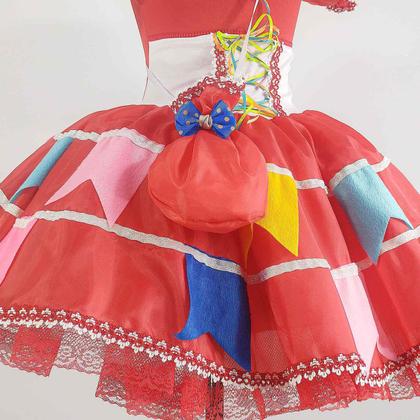 Imagem de Vestido Festa Junina Infantil Rosa Luxo Com Bolsa e Corselet