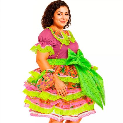 Imagem de Vestido Festa Junina Plus Size Adulto Feminino de Luxo Super Rodado Com Bolsa Roxo e Verde