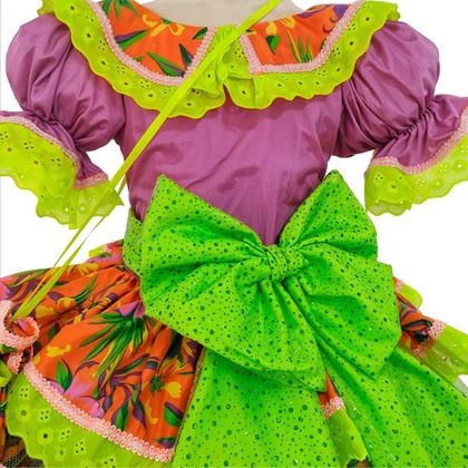 Imagem de Vestido Festa Junina Plus Size Adulto Feminino de Luxo Super Rodado Com Bolsa Roxo e Verde