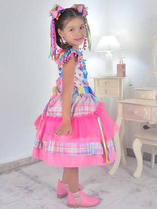 Imagem de Vestido Festa Junina Stitch e Angel Xadrez Rosa + 2 Enfeites de Cabelo