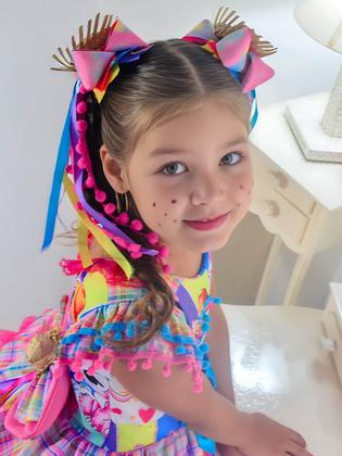 Imagem de Vestido Festa Junina Stitch e Angel Xadrez Rosa + 2 Enfeites de Cabelo