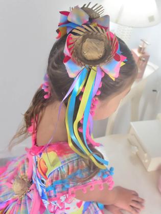 Imagem de Vestido Festa Junina Stitch e Angel Xadrez Rosa + 2 Enfeites de Cabelo