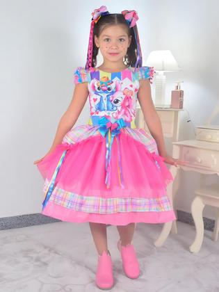 Imagem de Vestido Festa Junina Stitch e Angel Xadrez Rosa + 2 Enfeites de Cabelo