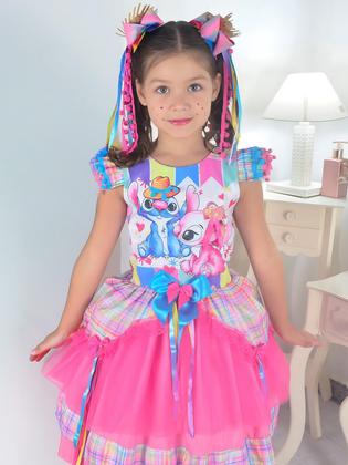 Imagem de Vestido Festa Junina Stitch e Angel Xadrez Rosa + 2 Enfeites de Cabelo