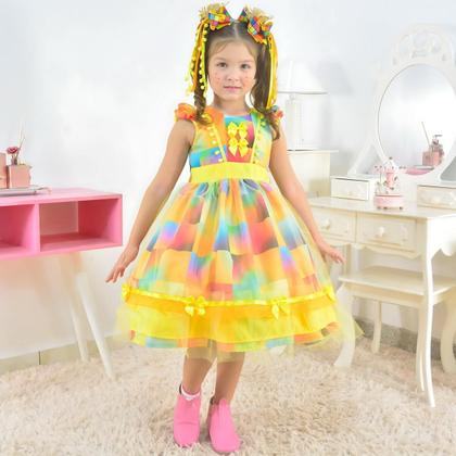 Imagem de Vestido Festa Junina Xadrez Amarelo + Saia de Armação + 2 Laços