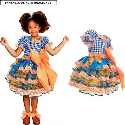 Imagem de Vestido Festa Junina Xadrez Infantil Super Luxo Com Babados Rodado Com Lação e Bolsa