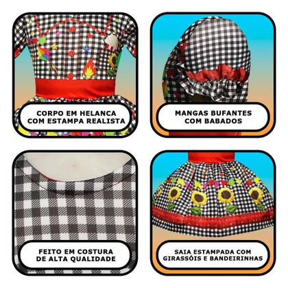 Imagem de Vestido Festa Junina Xadrez Preto de Luxo Mangas Bufantes Roupa Caipira Menina Dança Quadrilha Escola