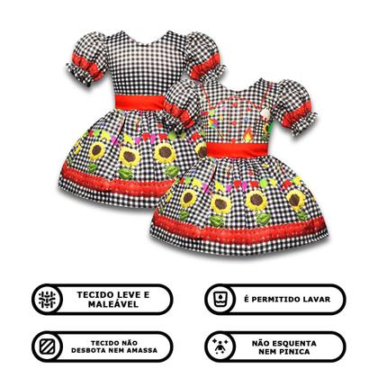 Imagem de Vestido Festa Junina Xadrez Preto de Luxo Mangas Bufantes Roupa Caipira Menina Dança Quadrilha Escola