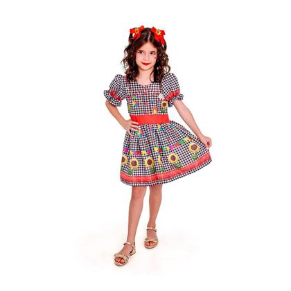 Imagem de Vestido Festa Junina Xadrez Preto de Luxo Mangas Bufantes Roupa Caipira Menina Dança Quadrilha Escola