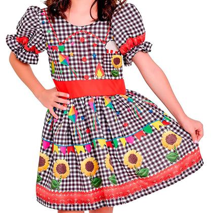 Imagem de Vestido Festa Junina Xadrez Preto de Luxo Mangas Bufantes Roupa Caipira Menina Dança Quadrilha Escola