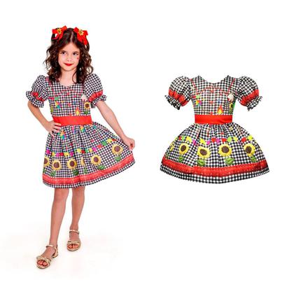 Imagem de Vestido Festa Junina Xadrez Preto de Luxo Mangas Bufantes Roupa Caipira Menina Dança Quadrilha Escola