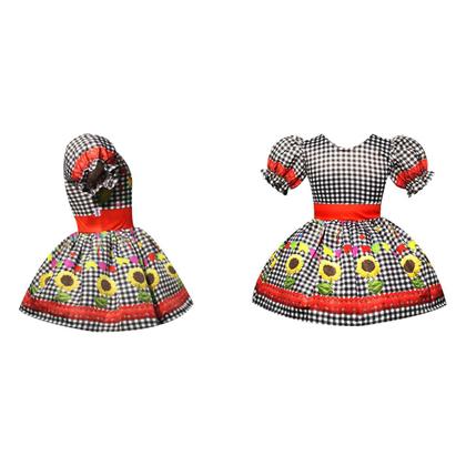 Imagem de Vestido Festa Junina Xadrez Preto de Luxo Mangas Bufantes Roupa Caipira Menina Dança Quadrilha Escola