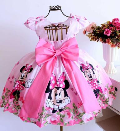 Imagem de Vestido Festa Temática Infantil Minnie Rosa Luxo E Tiara