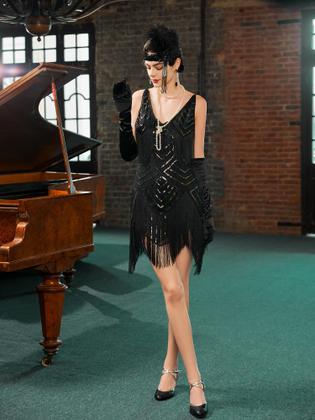 Imagem de Vestido Flapper SWEETV 1920s Great Gatsby com conjunto de acessórios