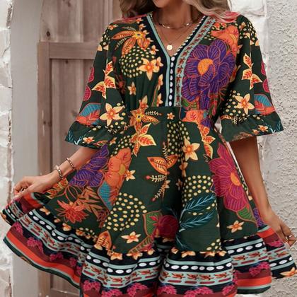 Imagem de Vestido Floral Godê Midi Mulher Solto Leve Lançamento Moda Tendencia Gola V Manga Primavera Rodado Festa