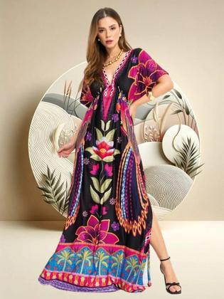 Vestido Floral Tropical Longo Feminino Soltinho Com Decote V