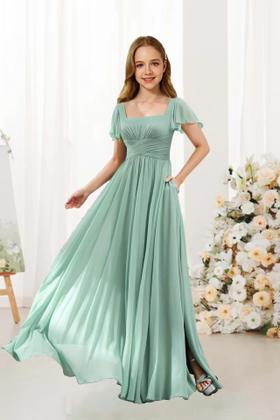 Imagem de Vestido Flower Girl Augday 2025 com gola quadrada, chiffon, azul aqua