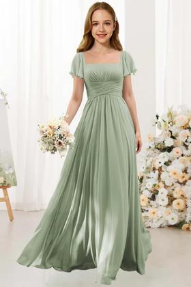 Imagem de Vestido Flower Girl Augday 2025 com gola quadrada, chiffon, roxo empoeirado