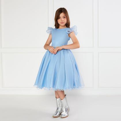 Imagem de Vestido Glitter Azul Claro Manga Godê De Festa Infantil Rodado
