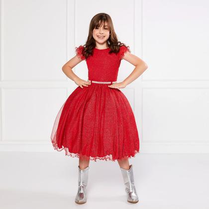 Imagem de Vestido Glitter Vermelho Manga Godê De Festa Infantil Rodado