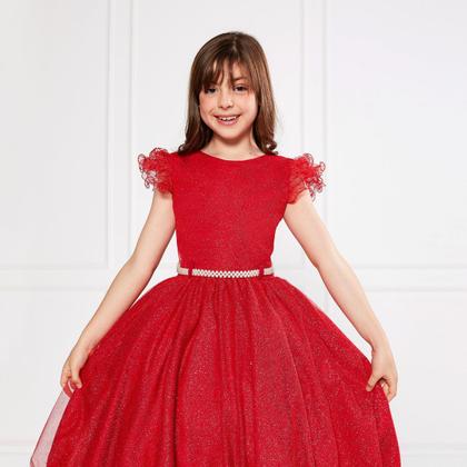 Imagem de Vestido Glitter Vermelho Manga Godê De Festa Infantil Rodado
